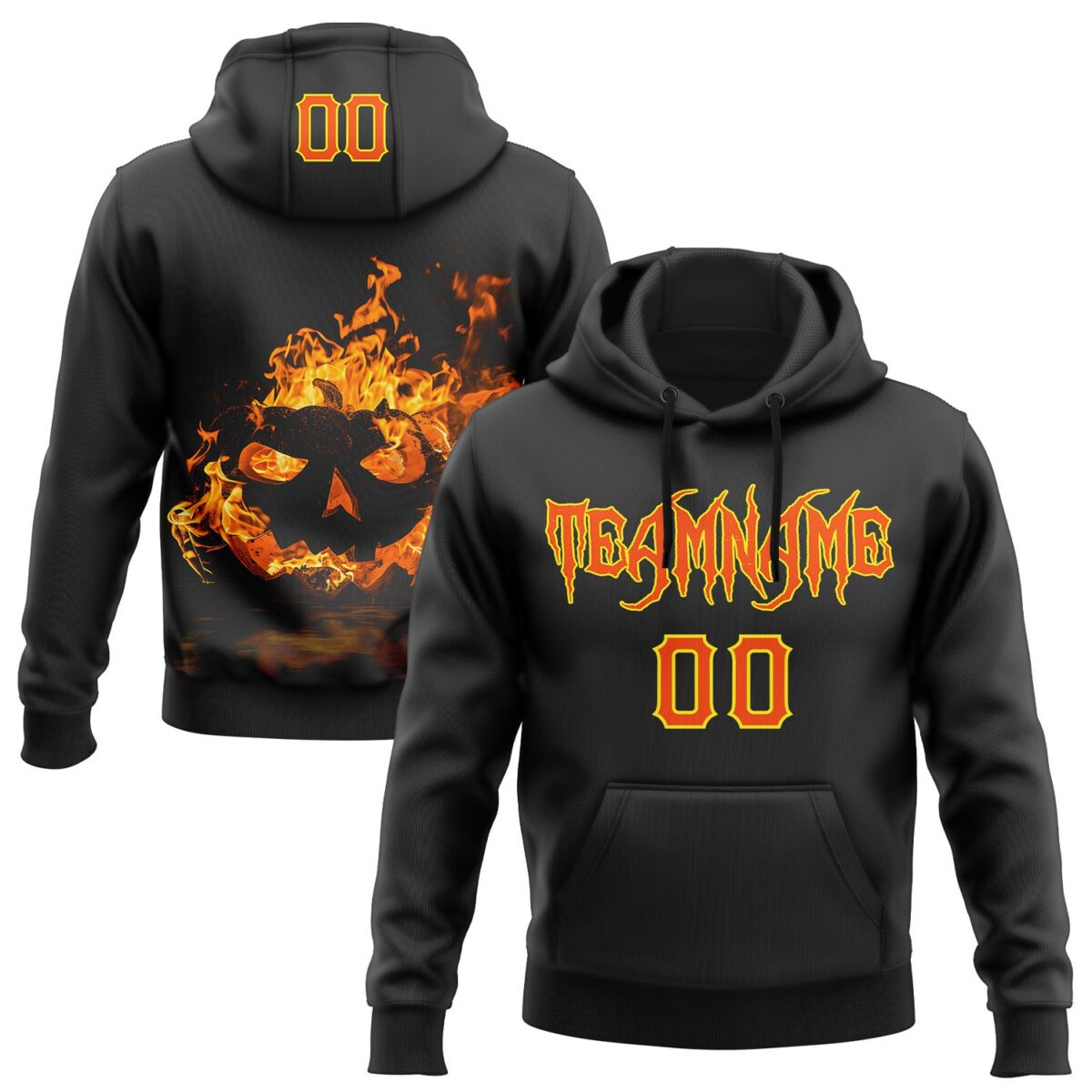 Custom Black Orange-Light Yellow 3D Halloween Flame Pumpkin Party Costume Ideas Sports Pullover Sweatshirt Hoodie