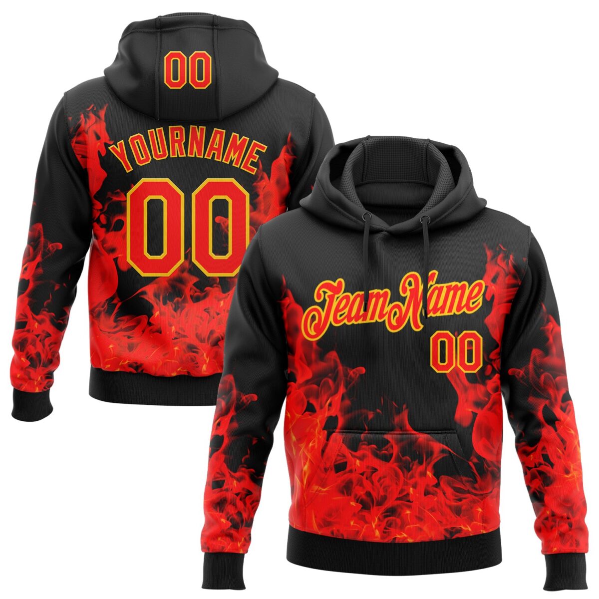 Custom Stitched Black Red-Yellow 3D Pattern Design Flame Sports Pullover Sweatshirt Hoodie