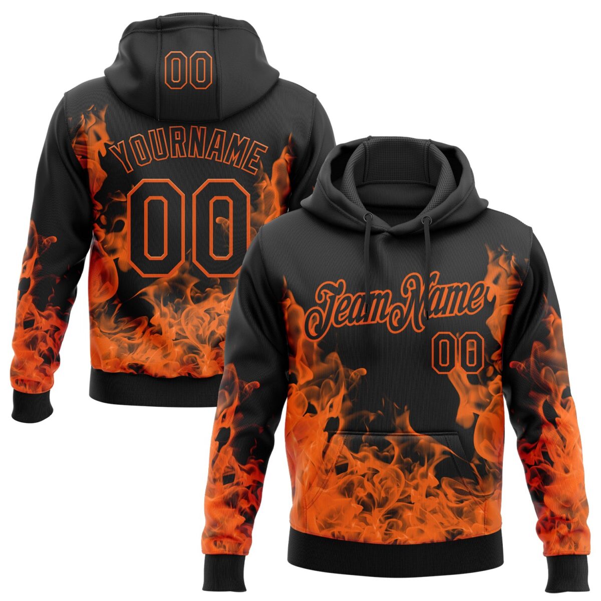 Custom Stitched Black Orange 3D Pattern Design Flame Sports Pullover Sweatshirt Hoodie