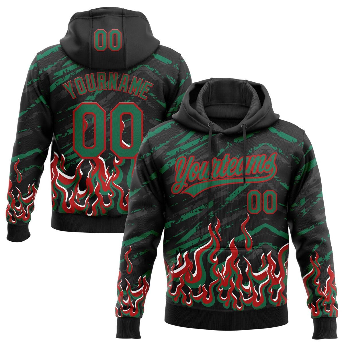 Custom Stitched Black Kelly Green Red-White 3D Pattern Design Flame Sports Pullover Sweatshirt Hoodie