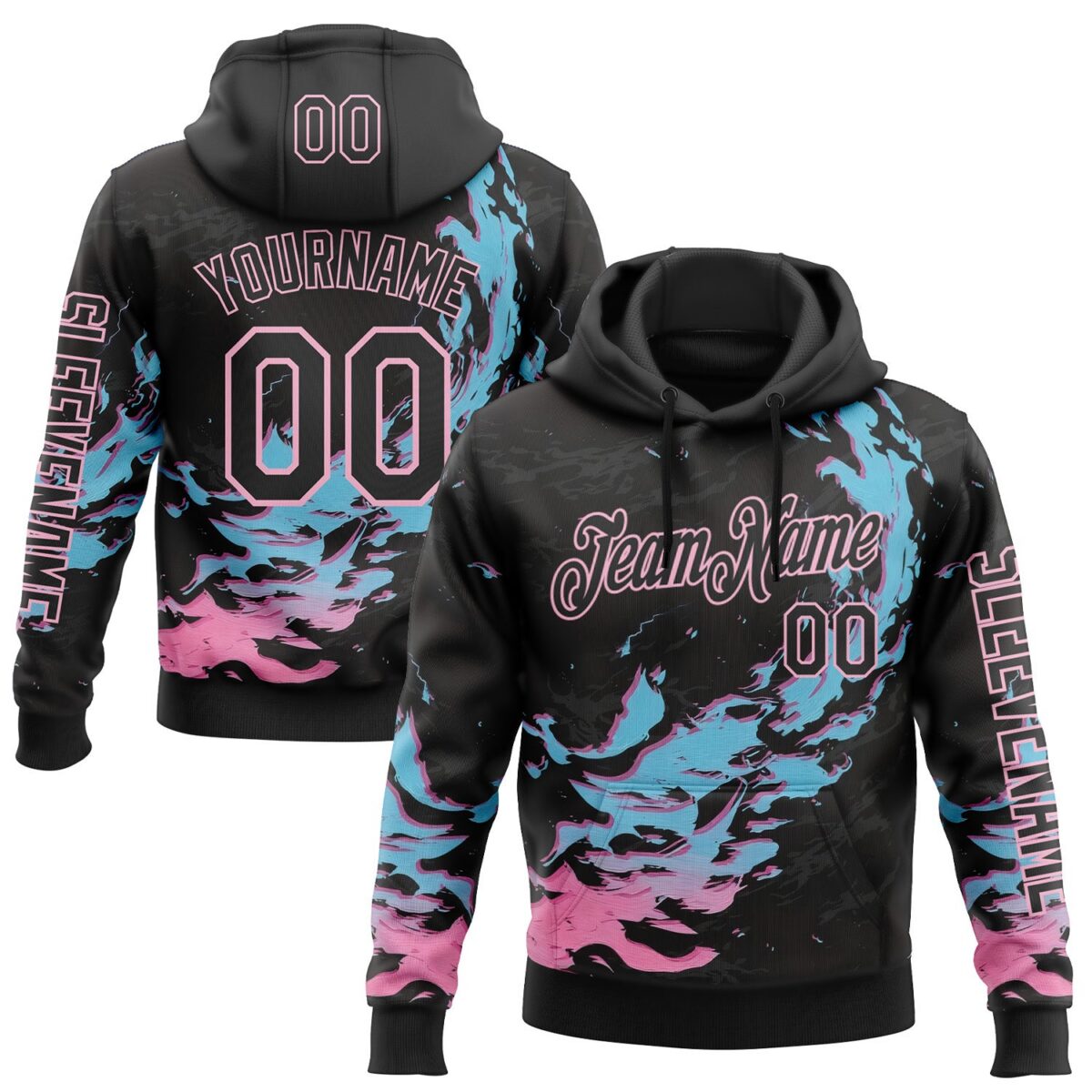 Custom Black Blue-Light Pink 3D Abstract Flame Sports Pullover Sweatshirt Hoodie