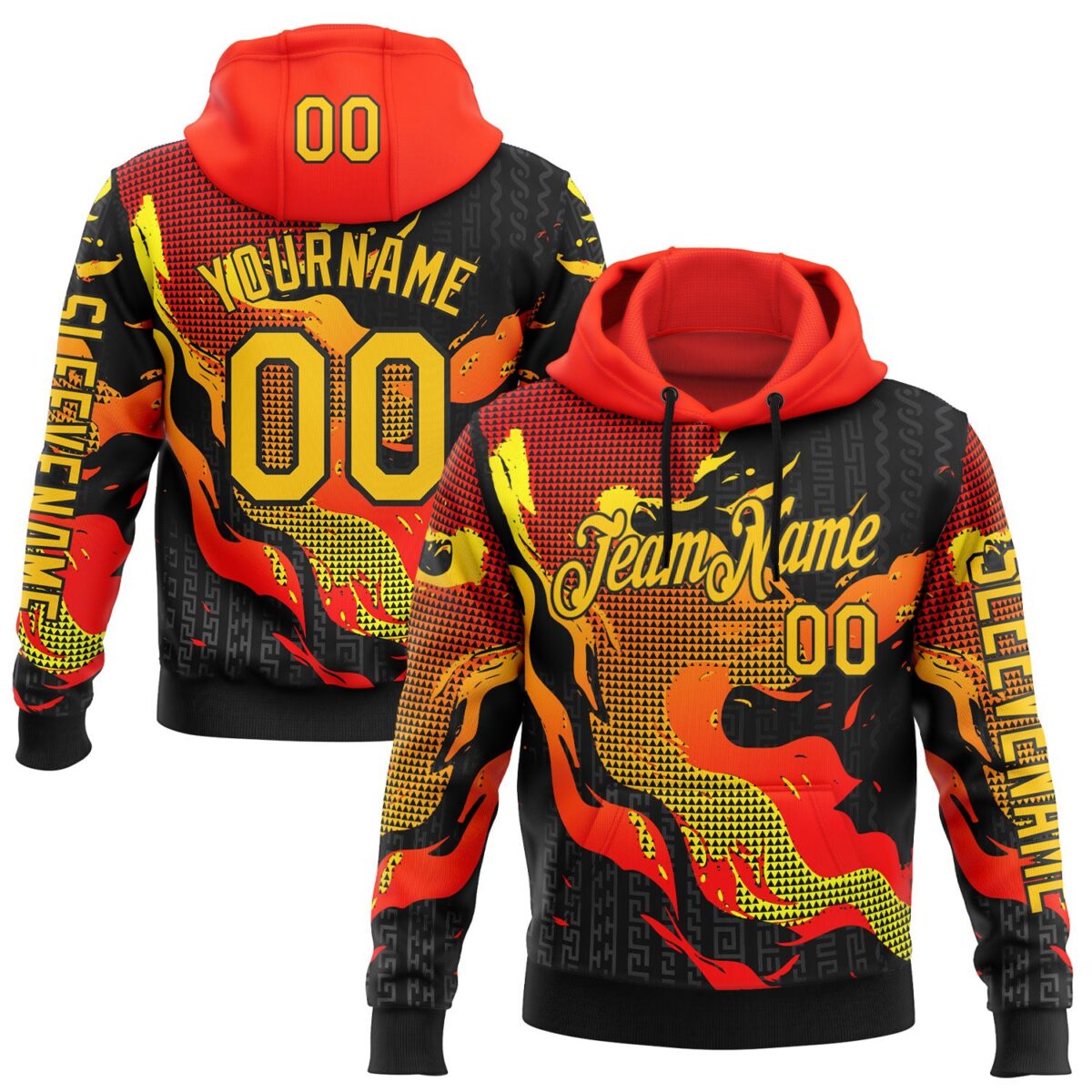Custom Red Yellow-Black 3D Abstract Flame Sports Pullover Sweatshirt Hoodie