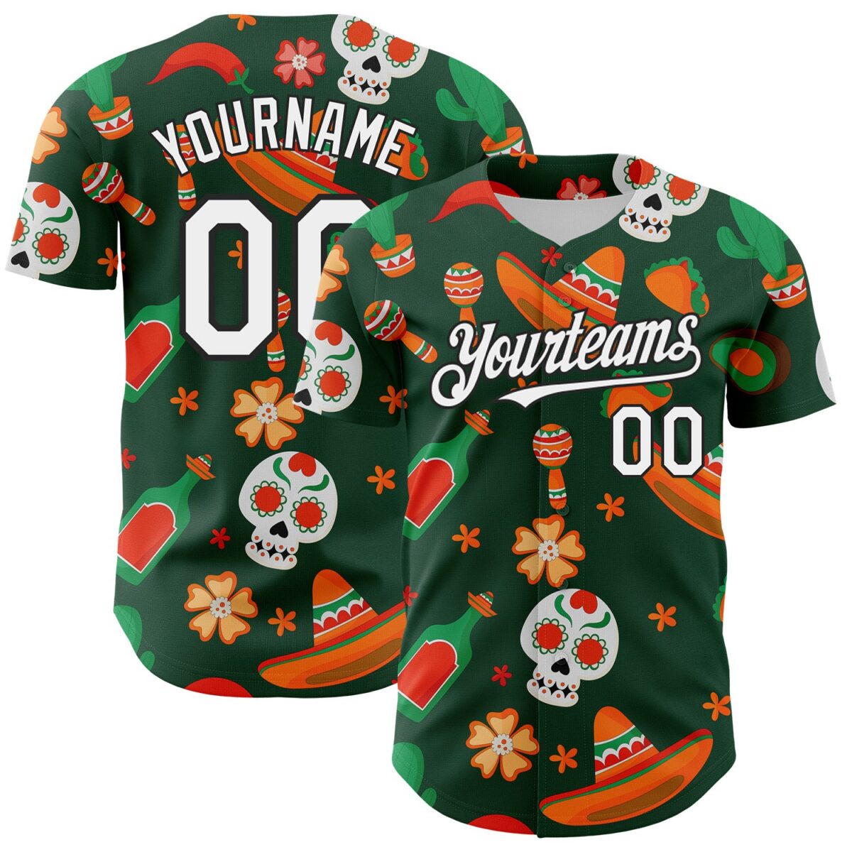 Custom Green White-Black 3D Mexican Festival Sombrero And Skull Cinco de Mayo Authentic Baseball Jersey