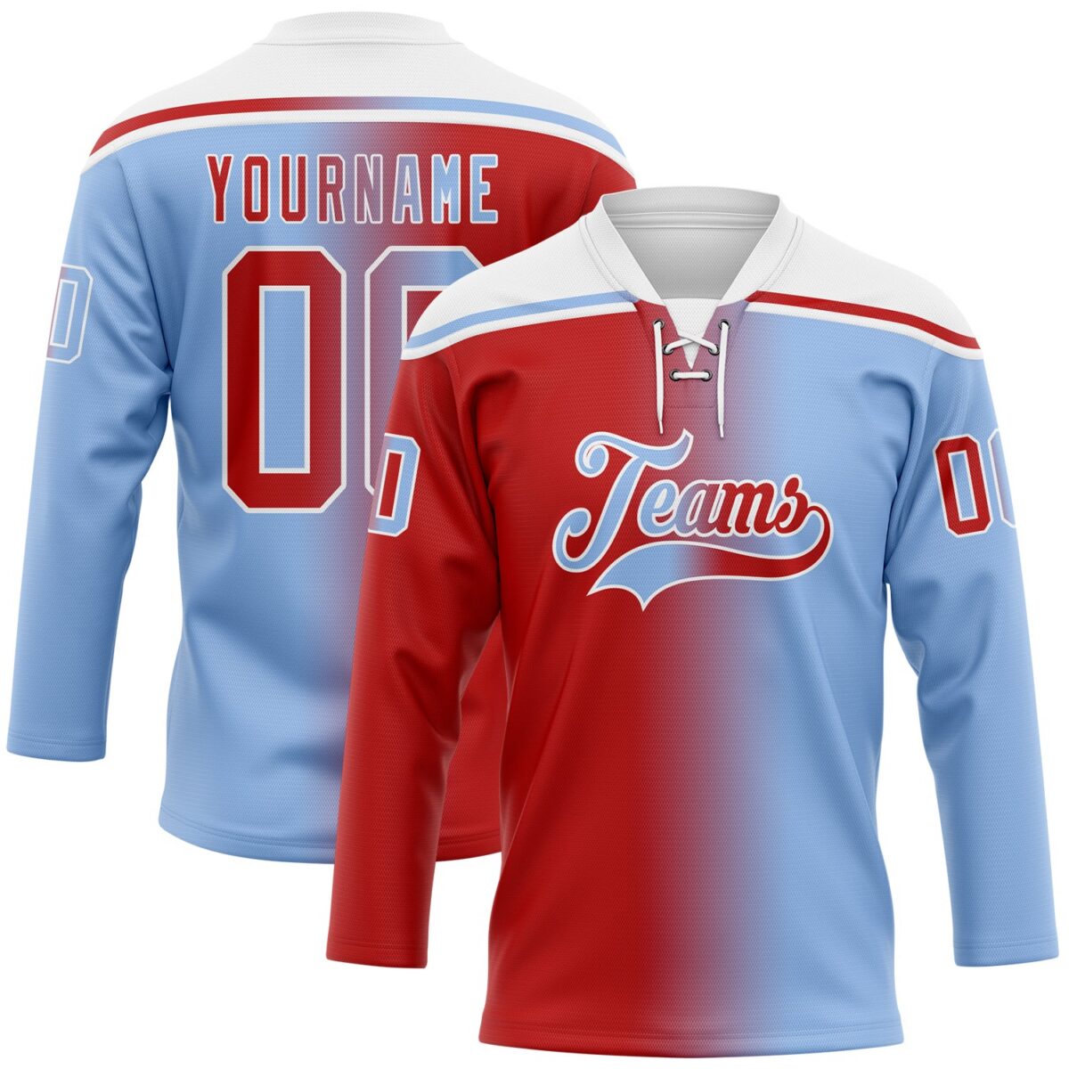 Custom Light Blue Red-White Gradient Fashion Hockey Lace Neck Jersey