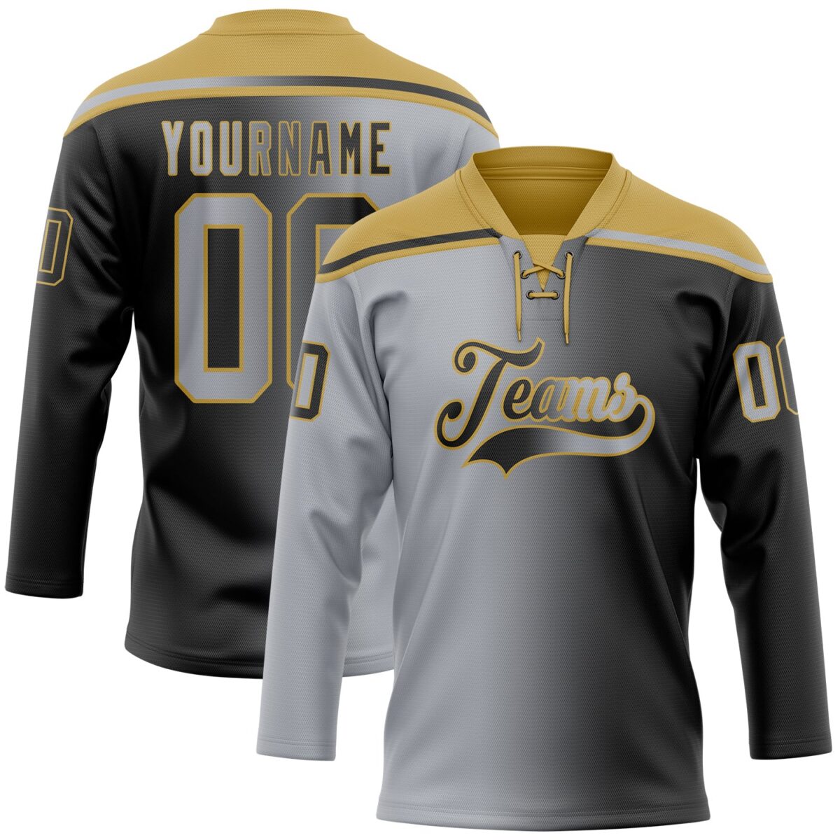 Custom Black Gray-Old Gold Gradient Fashion Hockey Lace Neck Jersey