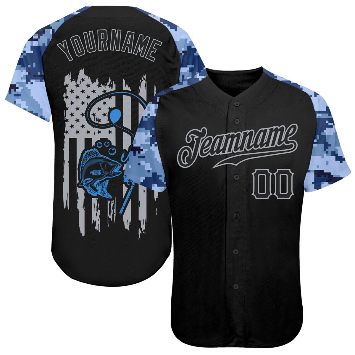 Custom Black Gray American Flag Patriotic Camo Raglan Sleeves Fishing Authentic Baseball Jersey