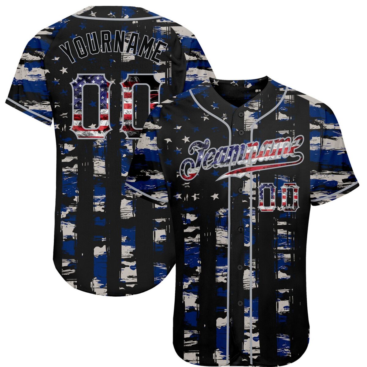 Custom Black USA Flag-Gray Distressed Grunge Patriotic Raglan Sleeves Authentic Baseball Jersey