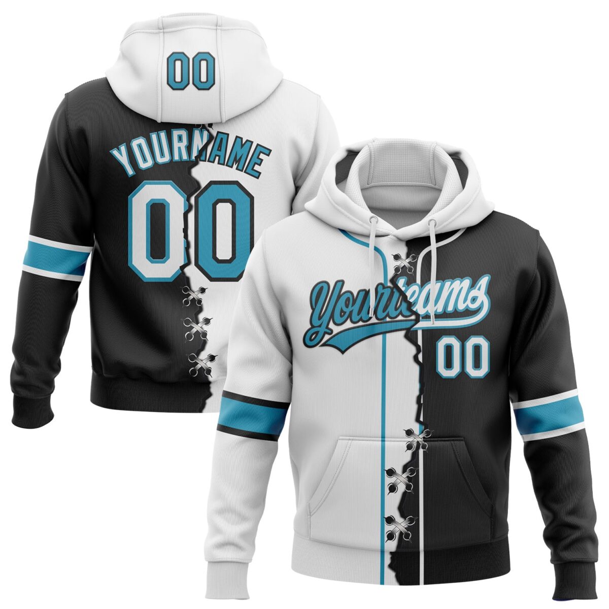 Custom Black White-Panther Blue Split Ripped Pattern Baseball Pullover Sweatshirt Hoodie